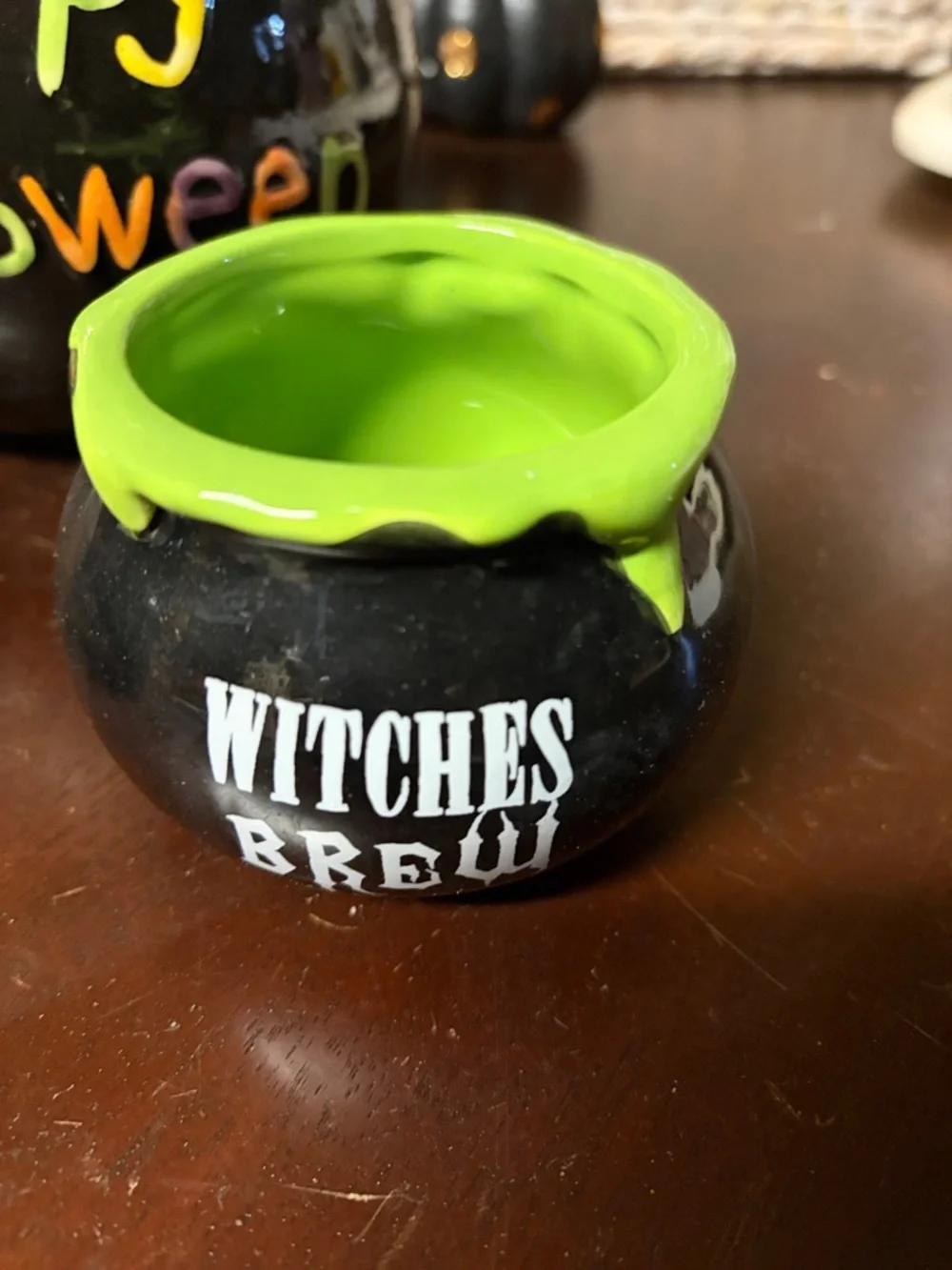 Happy Halloween Ceramic Cauldron Candle Holder - Black with Multicolor Lettering